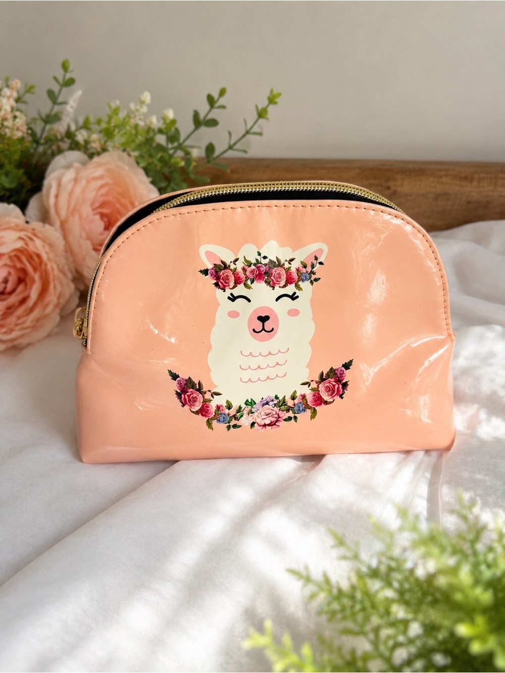 No Prob Llama Cosmetic Bag Makeup Pouch Pink Floral Llama Zip Case